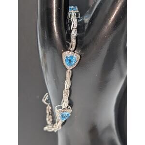 Trillion Cut Blue Topaz & Diamond Marked 925 Sterling Silver Bracelet